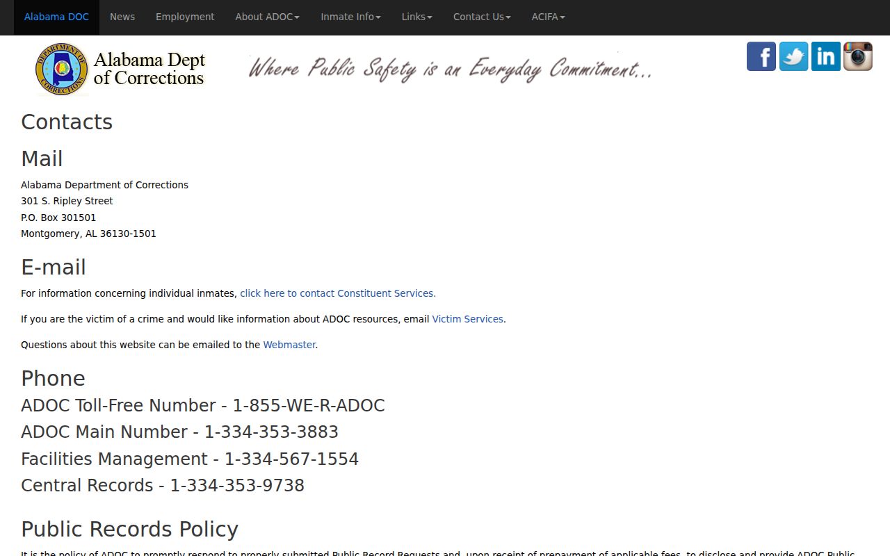 Barbour County inmate records ADOC public records contact screenshot