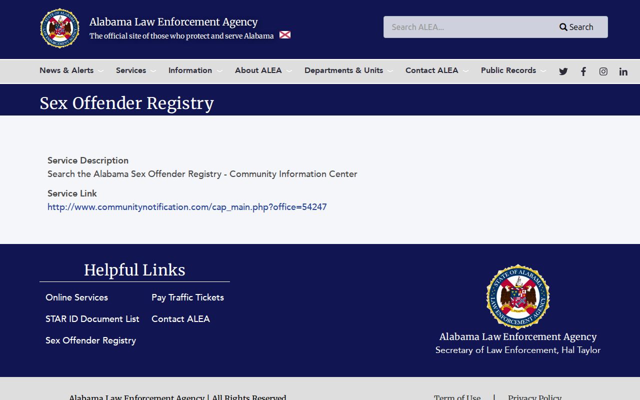 Barbour County inmate records ALEA sex offender registry service screenshot