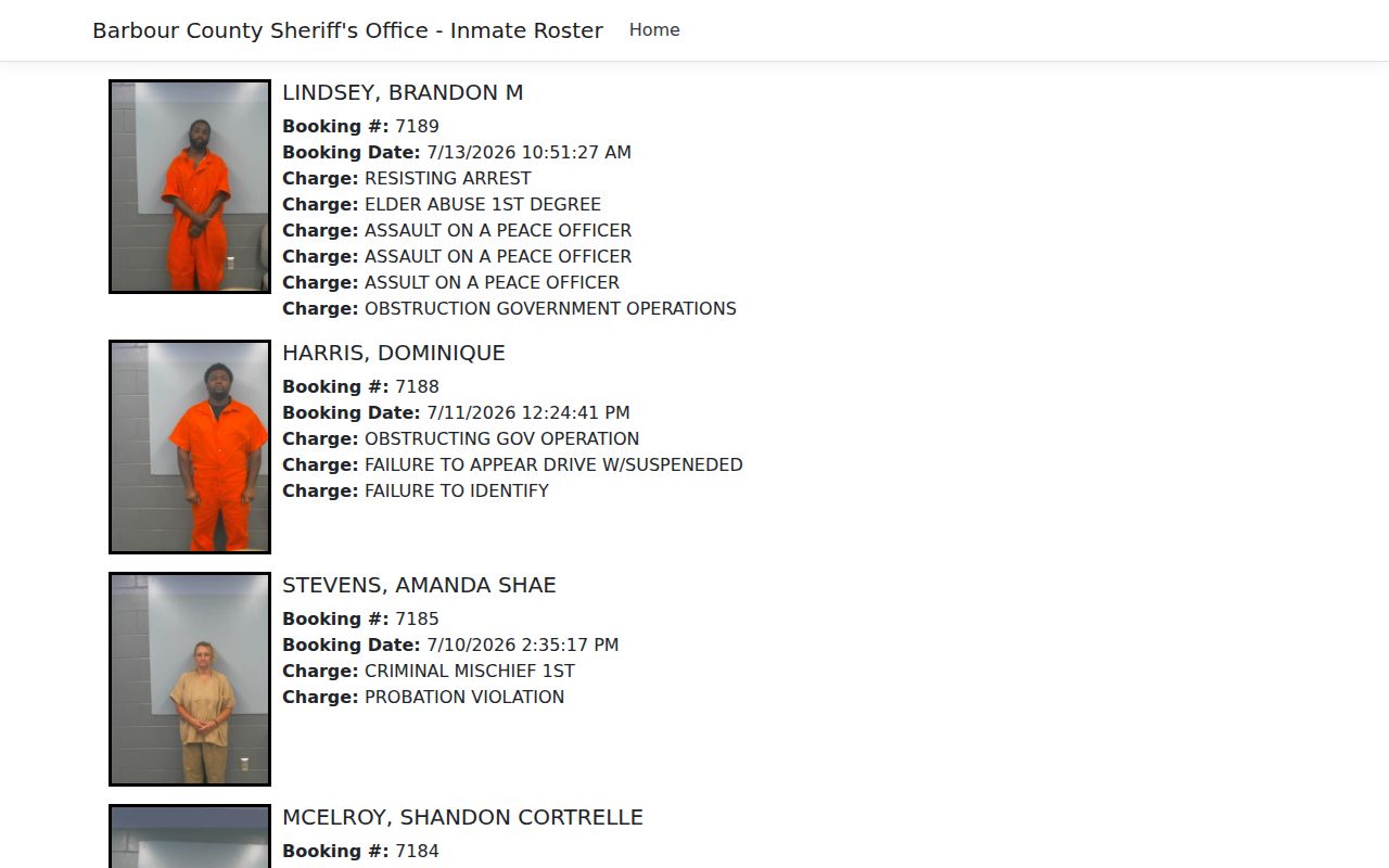 Barbour County inmate records roster screenshot